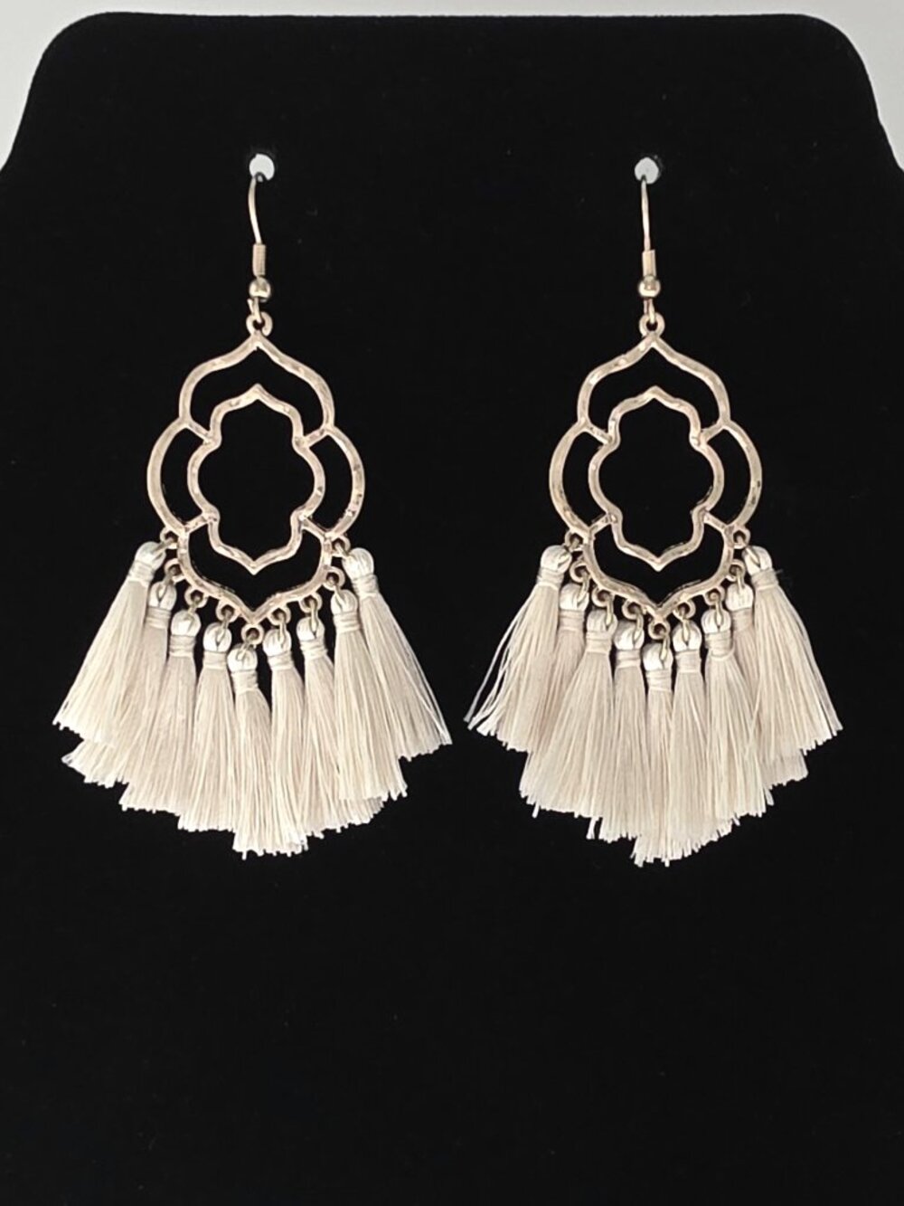 Boho Gold Filigree Cream Tassel Statement Earrings